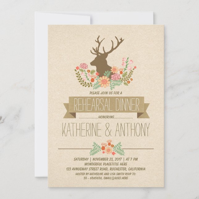 Deer antlers romantic rustic rehearsal dinner invitation (Front)