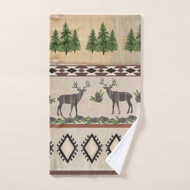 Deer Antlers Rustic Cabin Wood Forest Pine Cones Hand Towel (Hand Towel)