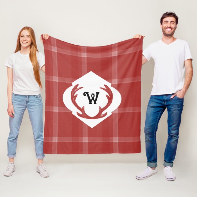Deer Antlers Rustic Minimal Monogram Burgundy Fleece Blanket (In Situ)