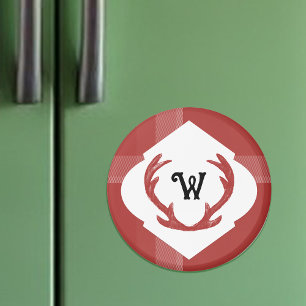 Deer Antlers Rustic Minimal Monogram Burgundy Magnet