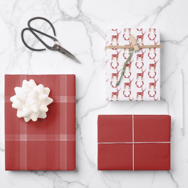 Deer Antlers Rustic Tartan Red Wrapping Paper Sheet (Front)