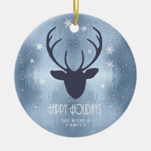 Deer Antlers Silhouette & Snowflakes Blue ID861 Ceramic Ornament