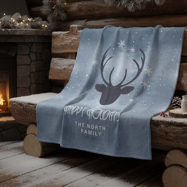 Deer Antlers Silhouette & Snowflakes Blue ID861 Fleece Blanket (Creator Uploaded)