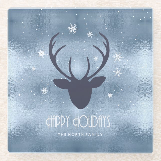 Deer Antlers Silhouette & Snowflakes Blue ID861 Glass Coaster (Front)