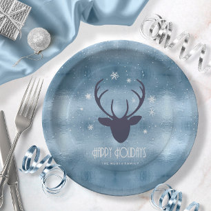Deer Antlers Silhouette & Snowflakes Blue ID861 Paper Plate