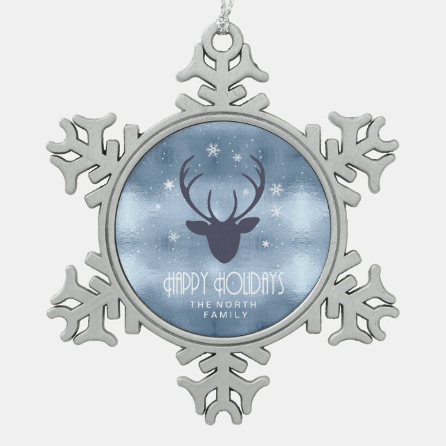 Deer Antlers Silhouette & Snowflakes Blue ID861 Snowflake Pewter Christmas Ornament (Front)