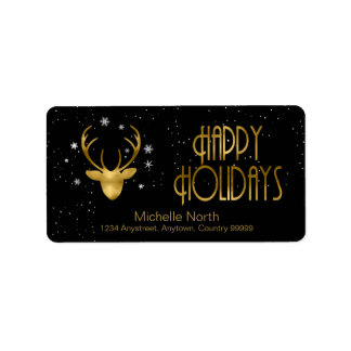 Deer Antlers Silhouette & Snowflakes Gold/Bl ID861 Label