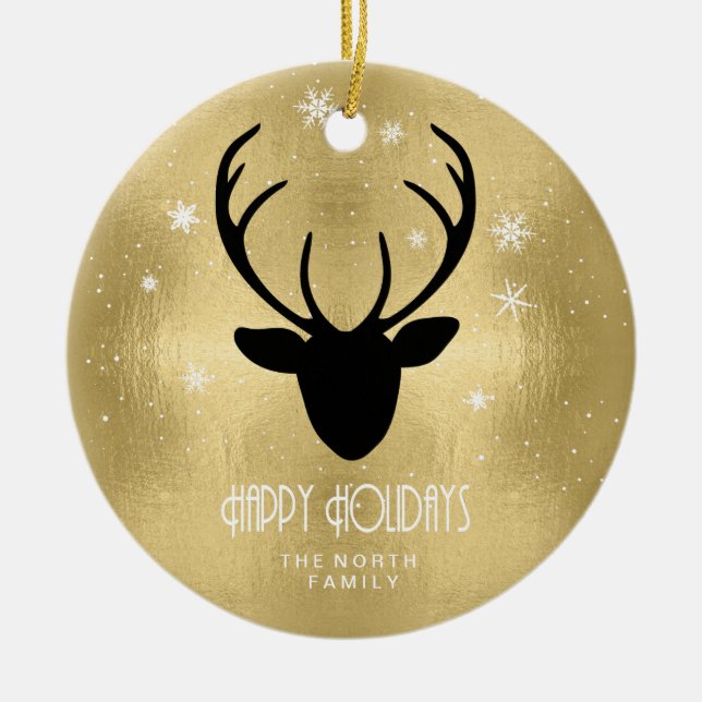 Deer Antlers Silhouette & Snowflakes Gold ID861 Ceramic Ornament (Front)