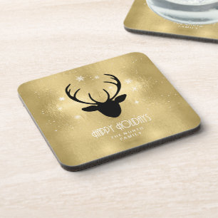 Deer Antlers Silhouette & Snowflakes Gold ID861 Coaster