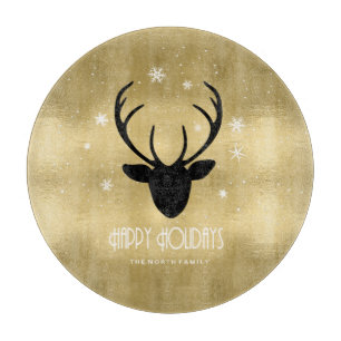 Deer Antlers Silhouette & Snowflakes Gold ID861 Cutting Board