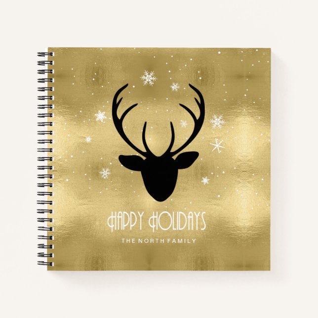 Deer Antlers Silhouette & Snowflakes Gold ID861 Notebook (Front)