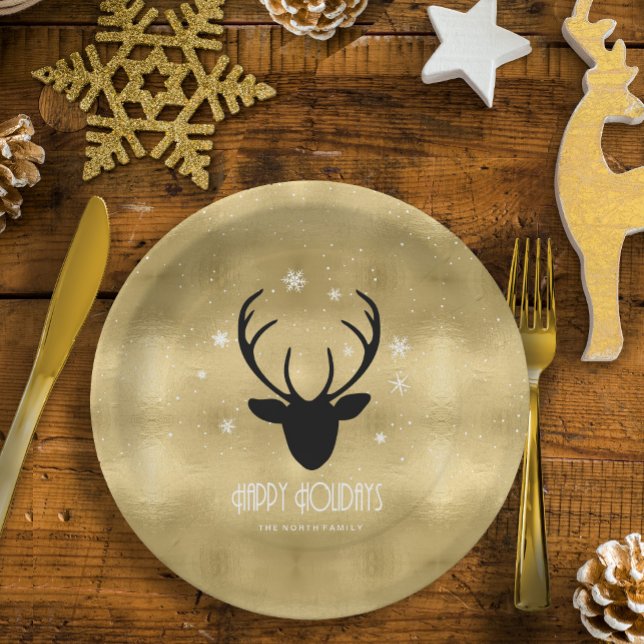 Deer Antlers Silhouette & Snowflakes Gold ID861 Paper Plate (Creator Uploaded)