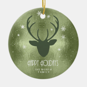 Deer Antlers Silhouette & Snowflakes Green ID861 Ceramic Ornament