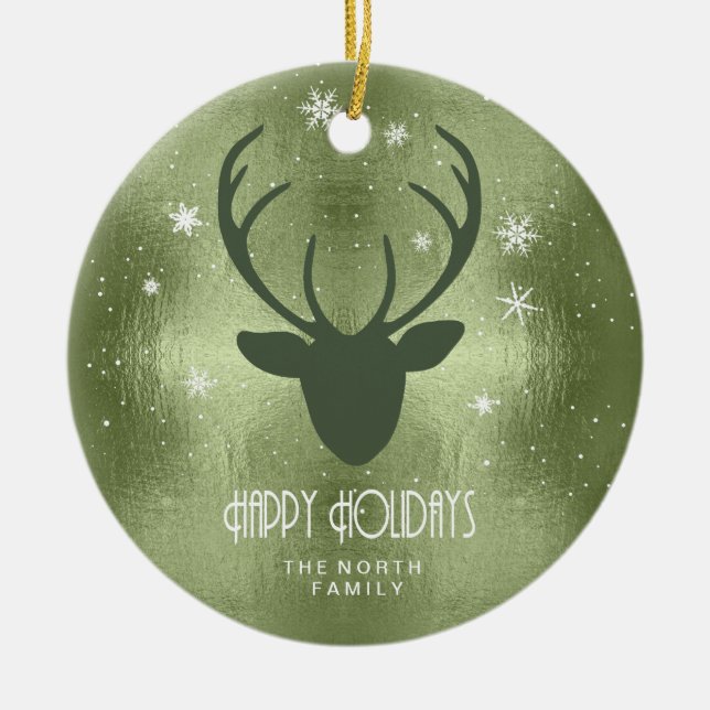Deer Antlers Silhouette & Snowflakes Green ID861 Ceramic Ornament (Front)