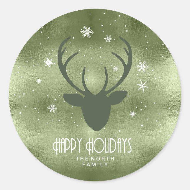 Deer Antlers Silhouette & Snowflakes Green ID861 Classic Round Sticker (Front)