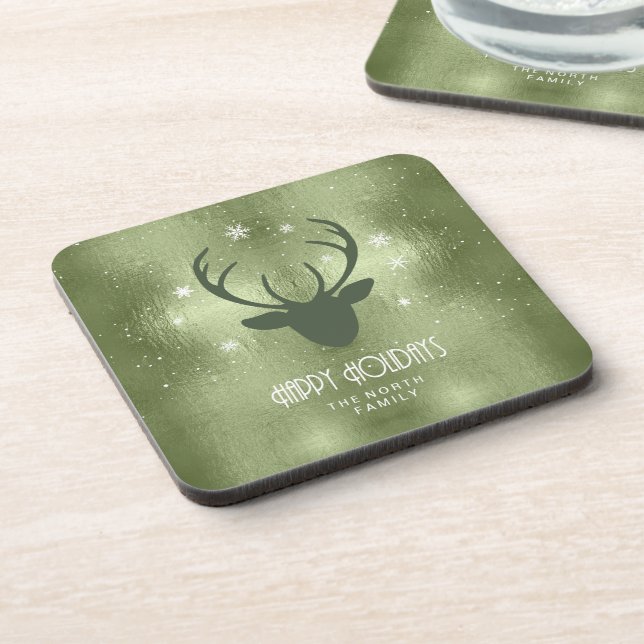 Deer Antlers Silhouette & Snowflakes Green ID861 Coaster (Left Side)