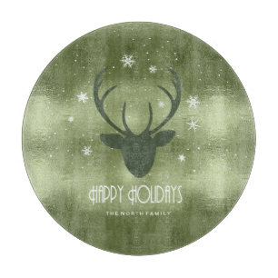 Deer Antlers Silhouette & Snowflakes Green ID861 Cutting Board