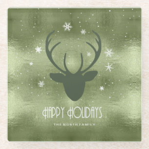 Deer Antlers Silhouette & Snowflakes Green ID861 Glass Coaster