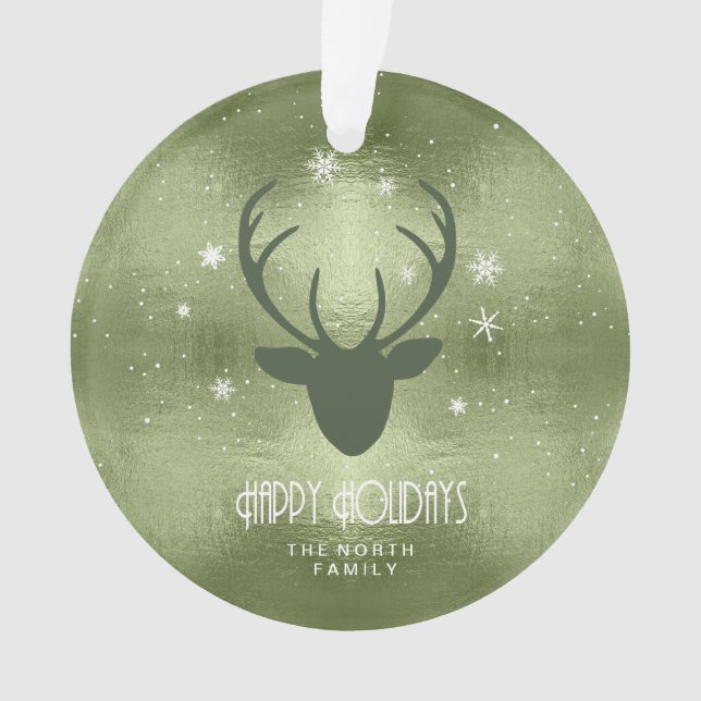 Deer Antlers Silhouette & Snowflakes Green ID861 Ornament (Front)