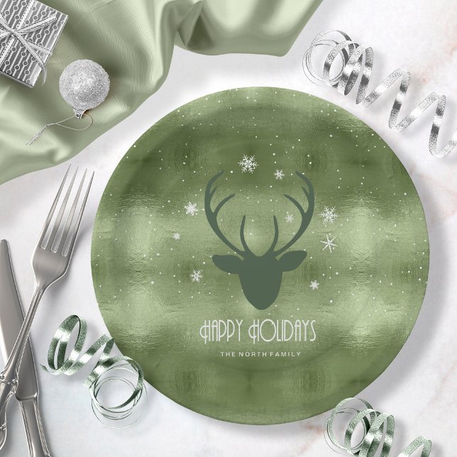 Deer Antlers Silhouette & Snowflakes Green ID861 Paper Plate (Creator Uploaded)