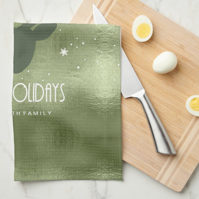 Deer Antlers Silhouette & Snowflakes Green ID861 Tea Towel (Quarter Fold)