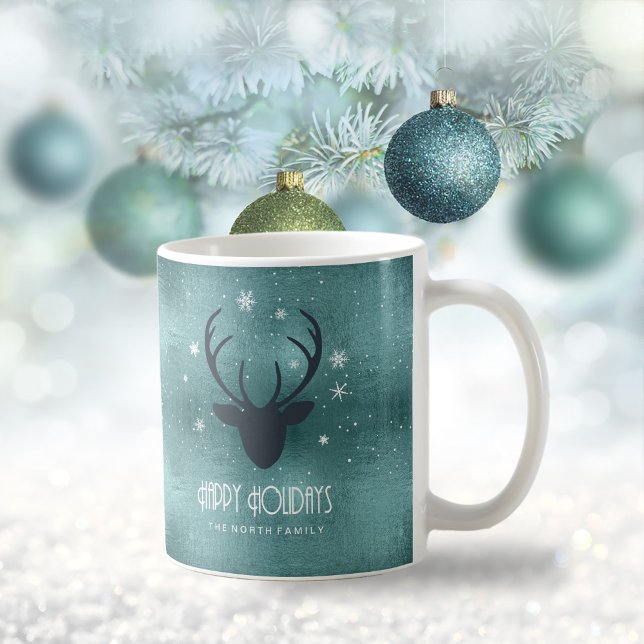 Deer Antlers Silhouette & Snowflakes Teal ID861  Coffee Mug (Creator Uploaded)