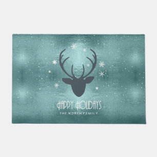 Deer Antlers Silhouette & Snowflakes Teal ID861 Doormat