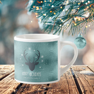 Deer Antlers Silhouette & Snowflakes Teal ID861  Espresso Cup
