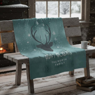 Deer Antlers Silhouette & Snowflakes Teal ID861 Fleece Blanket
