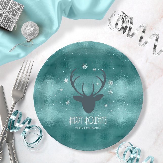 Deer Antlers Silhouette & Snowflakes Teal ID861  Paper Plate (Creator Uploaded)