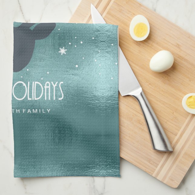 Deer Antlers Silhouette & Snowflakes Teal ID861 Tea Towel (Quarter Fold)