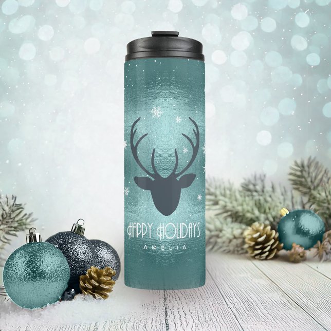 Deer Antlers Silhouette & Snowflakes Teal ID861 Thermal Tumbler (Creator Uploaded)
