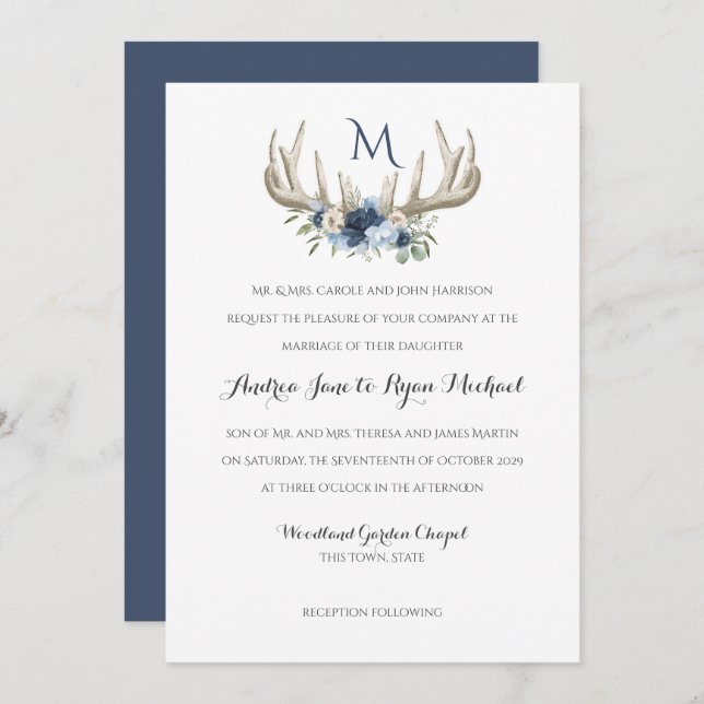 Deer Antlers Vintage Woodland Wedding Invitation (Front/Back)