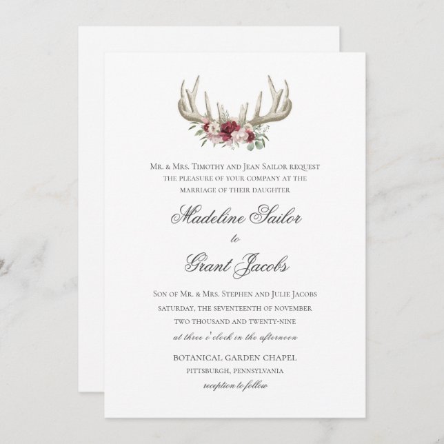 Deer Antlers Vintage Woodland Wedding Invitation (Front/Back)