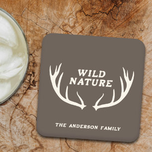 Deer Antlers & Wild Nature Square Paper Coaster