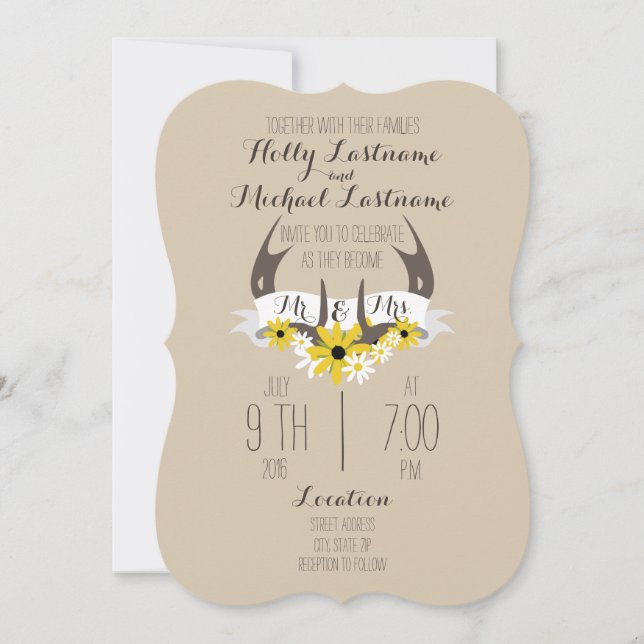 Deer Antlers + Wildflowers Wedding Invitation (Front)