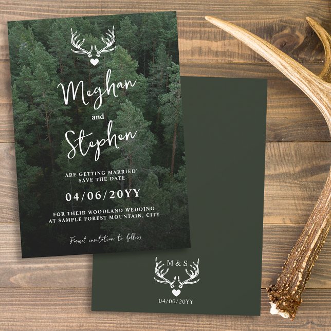 Deer Antlers Woodland Pine Tree Forest Wedding Save The Date (Creator Uploaded)