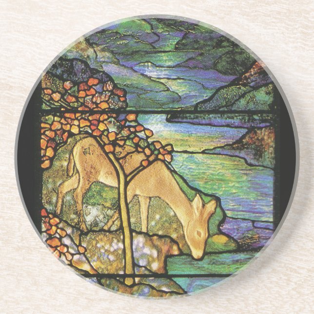 Deer at Stream Tiffany Stained Glass Coaster (Front)