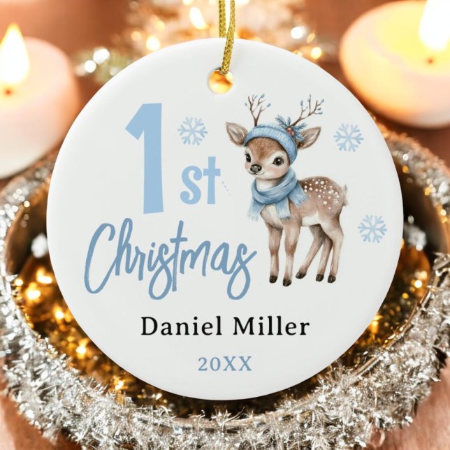 Deer Baby Boy First Christmas 2024 Ceramic Ornament (Creator Uploaded)