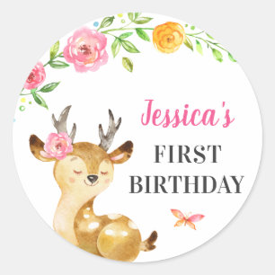 Deer Baby Girl First Birthday Doe Guest Favour Classic Round Sticker