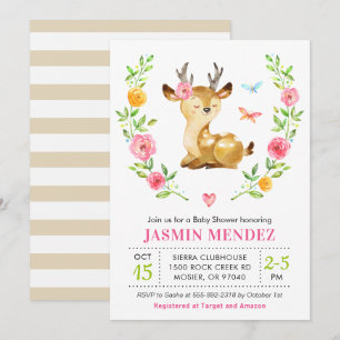 Deer Baby Girl Shower Pink Sprinkle Cute Floral Invitation