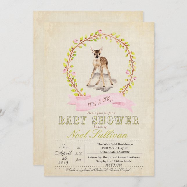Deer Baby Shower Girl Invitation (Front/Back)