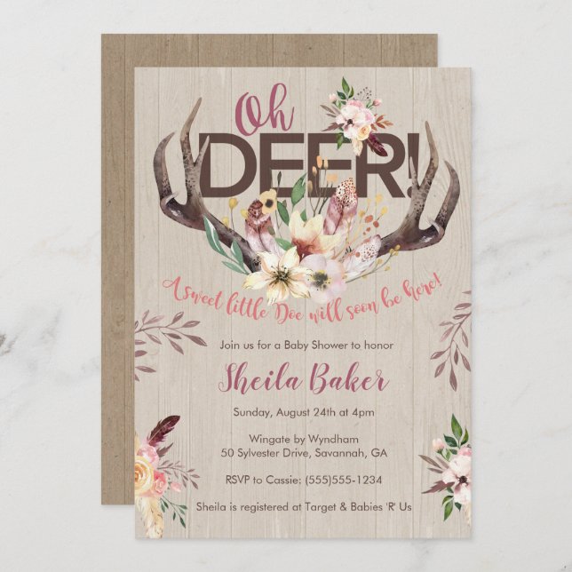 Deer Baby Shower Invitation - Antlers Invite Girl (Front/Back)