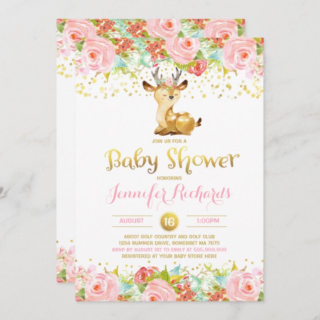 Deer Baby Shower Invitation Floral Pink & Gold (Front/Back)