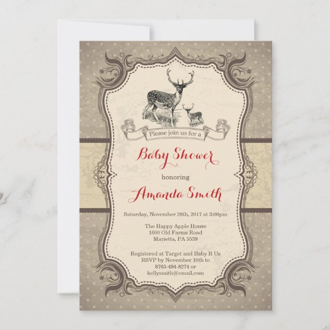 Deer Baby Shower Invitation Rustic Woodland (Front)