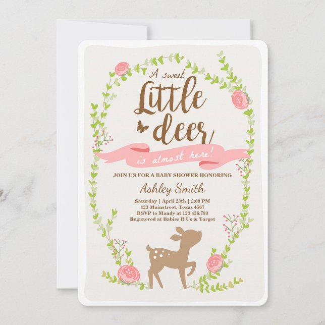 Deer baby shower invitation Woodland Girl pink (Front)