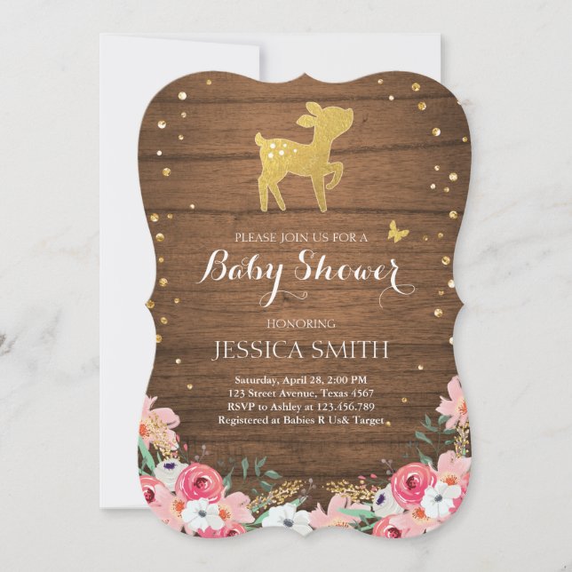 Deer baby shower invite Woodland Girl Floral Wood (Front)