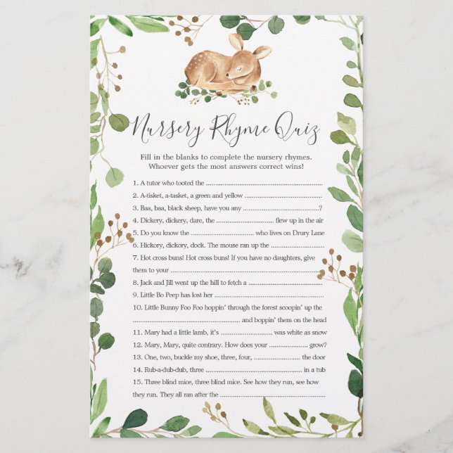 Deer Baby Shower Nursery Rhyme Quiz Game (Front)