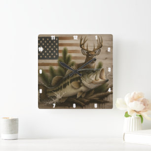 Deer Bass American Flag Square Wall Clock