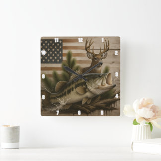  Deer Bass American Flag Square Wall Clock